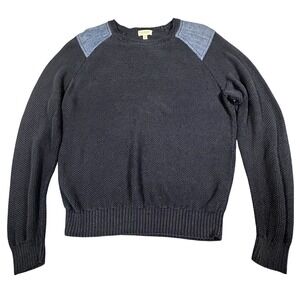 CLUB MONACO Italian Yarn 100% Linen Shoulder Patches Sweater in Navy Blue Medium